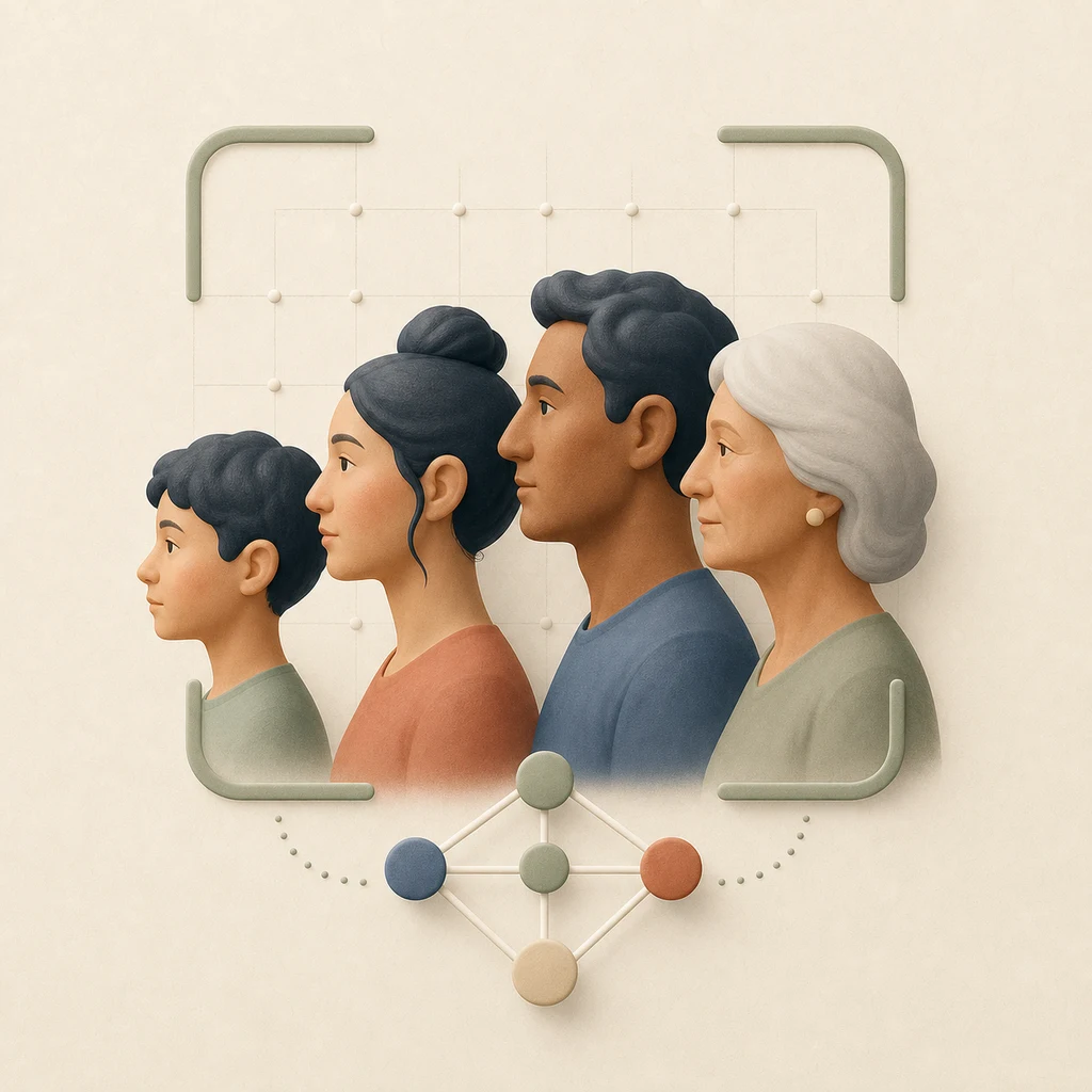 Four life stages arranged within an AI image-classification frame
