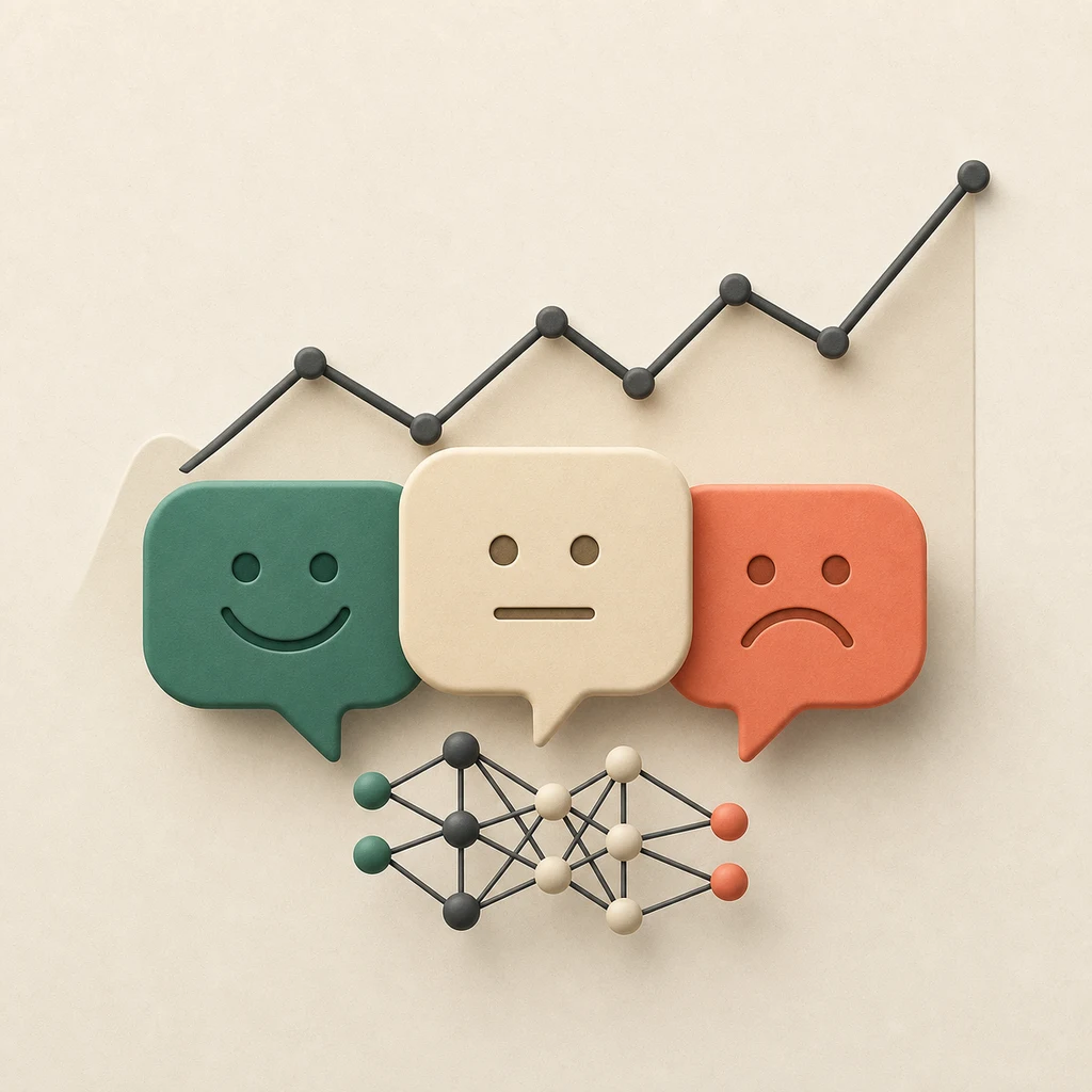 Financial sentiment symbols connected to an AI model and market trend