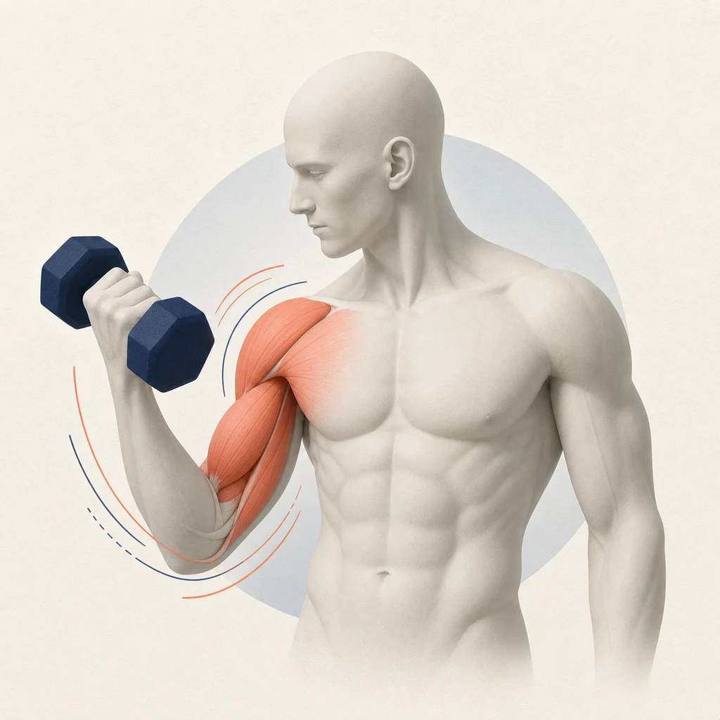 Anatomical illustration showing muscular load during a dumbbell exercise