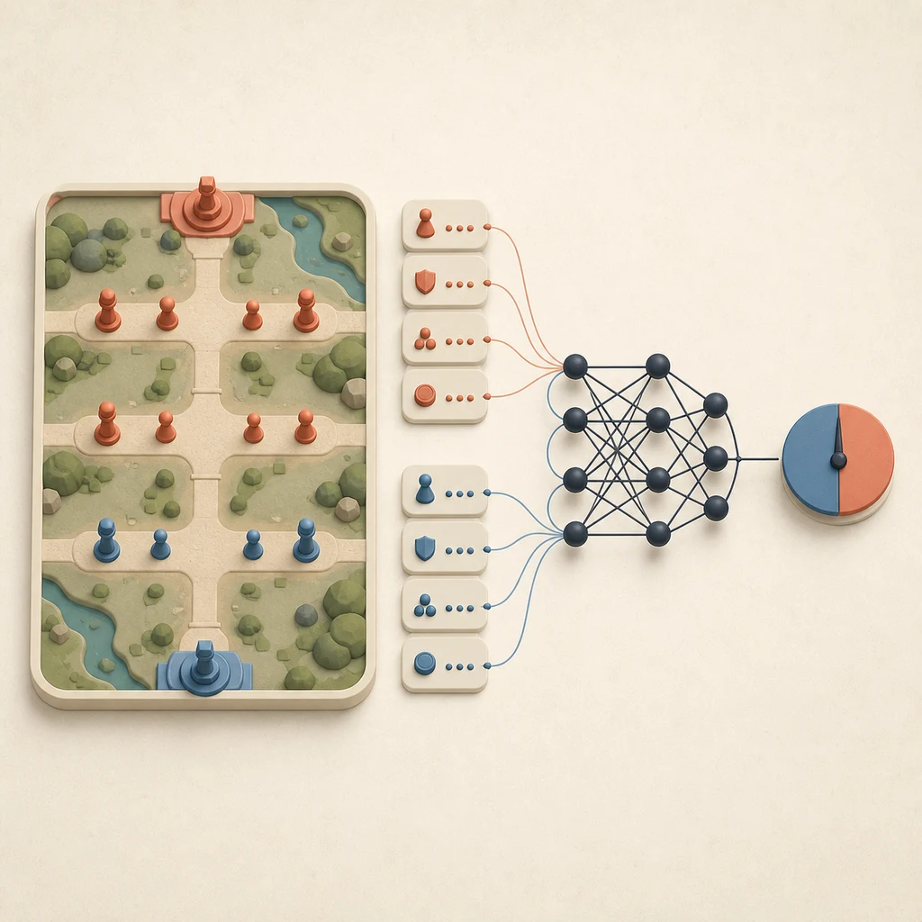Strategy-game statistics flowing through a neural network to a prediction
