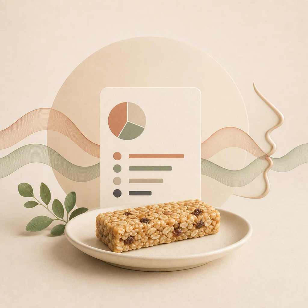 Muesli bar with a simplified nutrition label and sensory waves